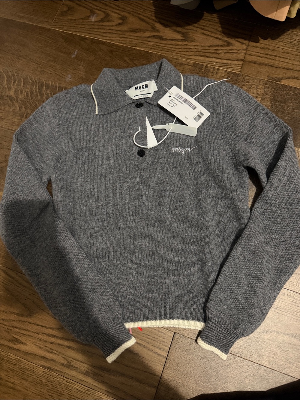 MSGM Grey Crewneck Polo Sweater with Cream Trim